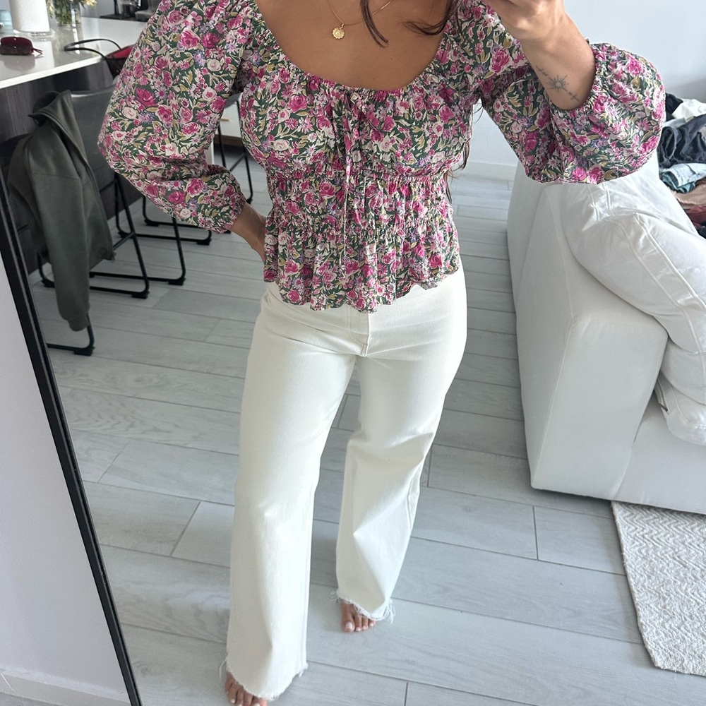 Mango Floral Pink and Green Blouse